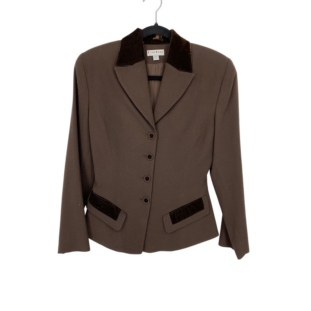 Vintage Bebe Wool Blazer Jacket Womens Sz 4 Brown 4 Button Velvet Trim Tailored